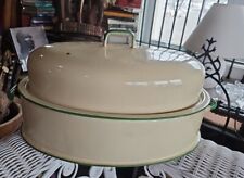 ANTIQUE VINTAGE LARGE WHITE WITH GREEN  ENAMELWARE TURKEY ROASTING PAN & COVER picture