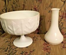 Vintage FTD Oak Leaves Pedestal White Milk Glass Planter + sleek milk glass vase picture