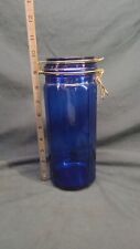 Vintage Colbalt Blue Ribbed Glass  Food Storage Jar Wire Latch 10 Inch Tall picture