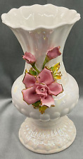 Capodimonte Porcelain Vase Pink Applied Roses White Iridescent 10