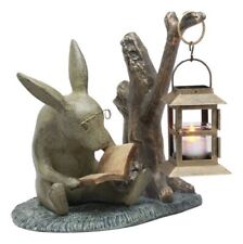 Aluminum Whimsical Bunny Rabbit Reading Book By Midnight Candle Lantern Statue picture