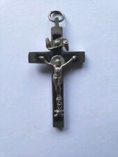 Vtg Antique Skull And Crossbones Crucifix 2 In Metal Wood Inlay  picture