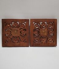 Vintage Set Of 2 Carved Wood Footed Trivets, Brass Inlayed Flowers Made In India picture