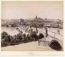 Prague, Charles Bridge with small side & Hradshin vintage albums print. Draw al picture