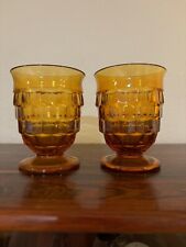 2 Vintage Indiana Glass Whitehall Footed Cubist Tumbler Glasses Amber 4.5” picture