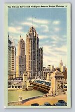 Chicago IL-Illinois, Tribune Tower And Michigan Avenue Bridge, Vintage Postcard picture