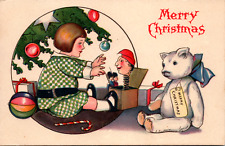 Vintage C 1922 Merry Christmas Greetings Postcard Little Girl Playing Teddy Bear picture