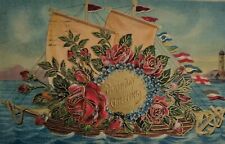 Postcard Vintage Birthday Greetings Flowers Sailboat Lighthouse Anchor 1910 picture