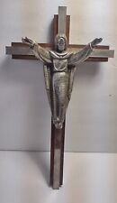 Vintage 13” Wall Cross RISEN CHRIST Walnut  Wood Metal Lord Figure Good Cond. picture