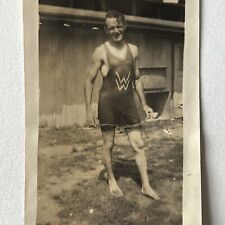 Antique Sepia Snapshot Photograph Handsome Young Man WW Bathing Suit Gay Int picture