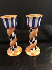 Mackenzie Childs INSPIRED Pair of Ceramic Courtly Stripe Candle Holders Look. picture