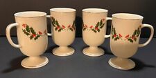Vintage D.H. Holmes Holly Set Of 4 Pedestal Mugs Gold Trim, Holly, Holly Berries picture
