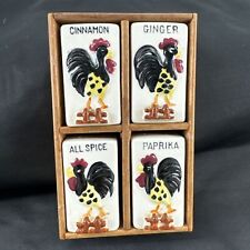Vintage MCM 1950's Ceramic and Wood Roosters Spice Rack 4 Total Shakers picture