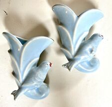 PAIR Vintage Blue McCoy Pottery Ceramic Cornucopia Bird Wall Pocket Vase Planter picture