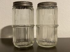 Lot of 2 Ribbed Hoosier Cabinet Glass Spice Shaker Jars w/ Lids picture