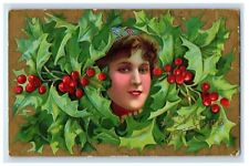 c1910's X-Mas Greeting Victorian Girl Head Holly Berries Embossed Postcard picture