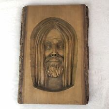 Vintage 1980 Folk Art Jesus Wood Hand Carved Relief  Carving Wooden Plank Plaque picture
