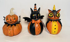 Transpac Halloween pumpkin, Bat, Owl Resin figurines. Set Of 3 picture