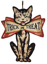 GRINNING CAT w TRICK or TREAT BOW TIE  * Glitter HALLOWEEN ORNAMENT * Vtg Img picture