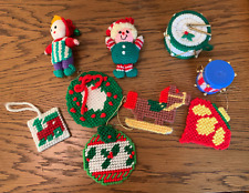 Vintage Handmade canvas plastic yarn Christmas Ornaments Lot of 9 picture