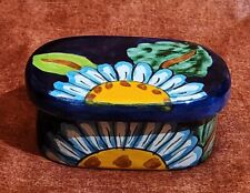 Hand Painted Vtg Talavera Mexican Pottery Sunflower Trinket Box With Lid Blue  picture