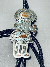 LARGER VINTAGE NAVAJO TURQUOISE CORAL INLAY KACHINA STERLING SILVER BOLO TIE picture