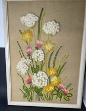 VTG 70'S  Crewel Framed Floral Cottage Core Needlepoint Daisy Wall Art Retro Mod picture
