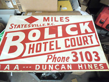 VINTAGE BOLICK HOTEL COURT SIGN STATESVILLE N.C. 1950'S NEW OLD STOCK 36 X 24 picture
