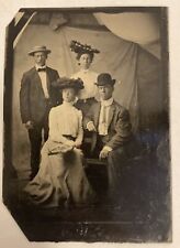 Antique Victorian Tintype Photo Group of 2 Women & 2 Men In Fancy Hats Tin Type picture
