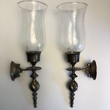 Vintage pair (2) Brass Wall Sconce Candle Holder w/Hurricane Glass Shade. picture