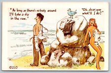 Vintage Postcard Humor Sexy Risque Naked Woman on Beach Skinny Dipping Chrome picture