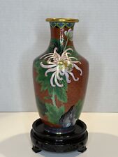 VTG 1960s Chinese Cloisonné Reddish Brown Flower Enamel Brass Vase. picture