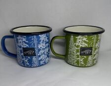 2 Stampin Up Mugs Happy Trails Enamelware One Green, One Blue Trees Pinecone picture