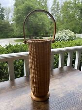 Vintage Tall Round Nantucket Basket Swing Handle Footed Wood Base picture