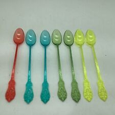 Plastic Long Handled Iced Tea Cocktail Spoons Set (7) Pastel Colors 7 1/4” VTG picture