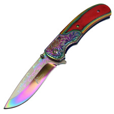 WESTERN Ornate WOOD HANDLE Spring Assisted Open Folding Pocket Knife RAINBOW EDC picture