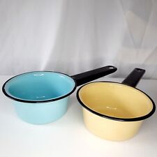 2 Vintage Small Enamel Ware Sauce Pans Blue and Yellow with Black Handles picture