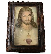 VINTAGE 1961 WOODEN WALL PLAQUE OF OUR LORD JESUS CHRIST HEART  4x6 Inch picture