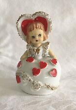 Vintage Lefton Valentine Bell Girl Figurine 1940-1950s Spaghetti Gold Red Heart picture