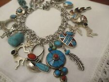 Vintage Native American Sterling silver Turquoise Charm bracelet, 19 charms 7.5
