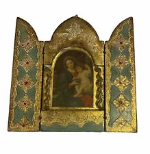 Vintage Florentine Icon Gold Gilt Triptych Italy Wood Madonna of the Grapes Blue picture