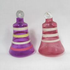 2 Vintage WWII Unsilvered Glass Christmas Ornaments Bells Purple Pink Paper Hang picture