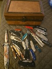 Vintage To Now Knife Lot With Carved Wood Box 