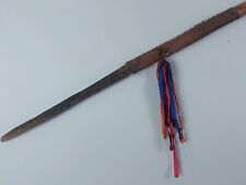 Apache Dance Spear  with Blue & Red Silk Ribbon, Leather Cutouts of  Sun & Moon picture